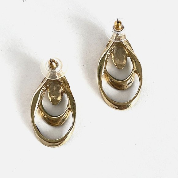 Green Pink Black Enamel Double Loop Metal Gold Tone Pierced Earrings 1.5in - Picture 3 of 9